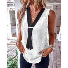 Fake Tie Patch Eyelet Embroidery Tank Top - blackwhite