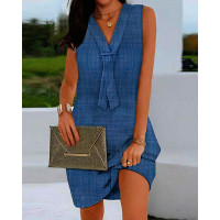 Fake Tie Patch Sleeveless Casual Dress - blue