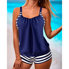 Fake Two-piece Striped Sleeveless Tankini Set - blue