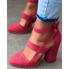 Fashion Caged Chunky Heels Shoes - Wine red