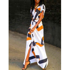 Fashion Color Block Deep V Split Maxi Dress - orange,white