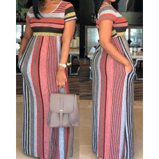 Fashion Colorful Striped Patchwork Maxi Dress - Multicolor