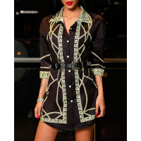 Fashion Digital Printed Leisure Shirt Dress - white,black