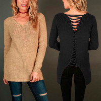 Fashion Lace-up Back Casual Sweater - gray