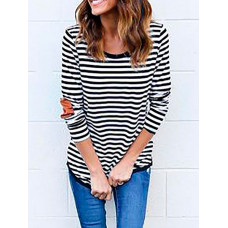 Fashion Leather Elbow Patches Striped T-shirt - black