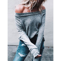 Fashion Off Shoulder Long Sleeve Casual Top - gray,Dark grey