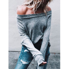 Fashion Off Shoulder Long Sleeve Casual Top - gray,Dark grey