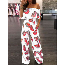 Fashion Print Frilled Off Shoulder Flared Jumpsuit - green,blue