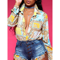 Fashion Printed Hip Hem Casual Blouse - yellow