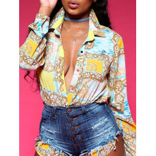 Fashion Printed Hip Hem Casual Blouse - yellow