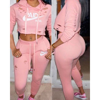 Fashion Ripped Letter Print Drawstring Cropped Tracksuit - pink