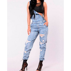 Fashion Ripped Pocket Design Suspender Jeans - blue