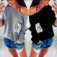 Fashion Sequins Batwing Sleeve Pullover - gray