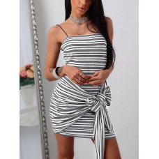 Fashion Striped Print Waist Belted Tube Dress - Multicolor