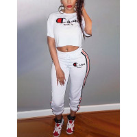 Fashion Striped Side Crop Top& Drawstring Pants Set - white