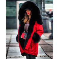 Faux Fur Patch Long Sleeve Hooded Parka Coat - red