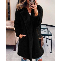 Faux Fur Pocket Design Long Sleeve Coat - black