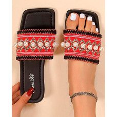 Faux Pearl Decor Tribal Bohemian Beach Slippers - red