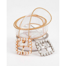 Faux Pearl Square Buckle Studded Clear Belt - gold