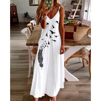 Feather Bird Print Spaghetti Strap Maxi Dress - white