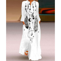 Feather Moon Print Long Sleeve Maxi Dress - white