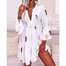 Feather Print Bell Sleeve Ruffles Casual Dress - white