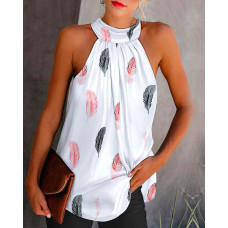 Feather Print Casual Tank Top - white