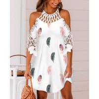 Feather Print Cold Shoulder Contrast Lace Casual Dress - white