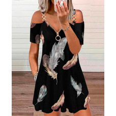 Feather Print Cold Shoulder Pocket Design Casual Dress - black