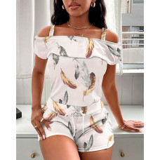 Feather Print Cold Shoulder Top & Shorts Set - white