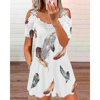 Feather Print Contrast Lace Cold Shoulder Swing Dress - white