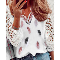 Feather Print Contrast Lace Long Sleeve Top - white