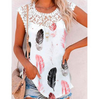 Feather Print Contrast Lace Tank Top - white