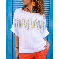 Feather Print Half Sleeve Casual T-shirt - white