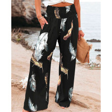 Feather Print High Waist Wide Leg Pants - black