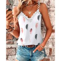 Feather Print Lace Patch Tank Top - white