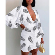 Feather Print Lantern Sleeve Ruched Dress - black&white