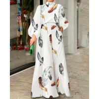 Feather Print Lantern Sleeve Wide Leg Jumpsuit - white