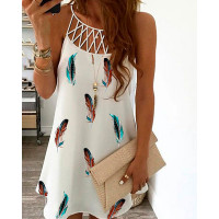 Feather Print Net Pattern Patch Halter Dress - white