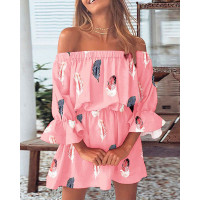 Feather Print Off Shoulder Bell Sleeve Casual Dress - pink