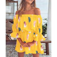 Feather Print Off Shoulder Bell Sleeve Casual Dress - yellow