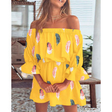 Feather Print Off Shoulder Bell Sleeve Casual Dress - yellow