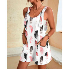 Feather Print Pocket Design Tied Detail Romper - white