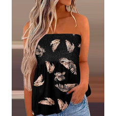 Feather Print Shirred Ruched Tank Top - black