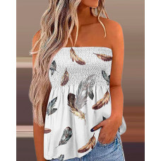 Feather Print Shirred Ruched Tank Top - white