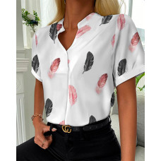 Feather Print Short Sleeve Casual Top - white