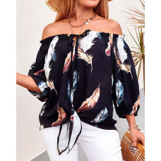 Feather Print Tied Detail Off Shoulder Top - black