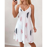 Feather Print V-Neck Casual Dress - white