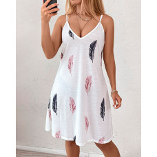 Feather Print V-Neck Casual Dress - white