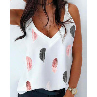 Feather Print V-Neck Casual Tank Top - white